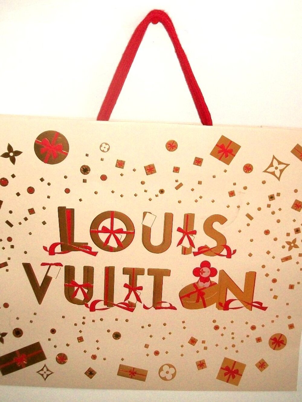 New Unused Large Louis Vuitton Cream, Red & Gold Holiday Gift Bag